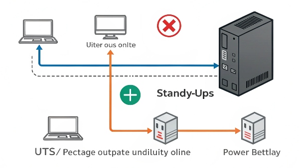 Diagram showing how a Back-UPS (Standby UPS) switches from AC utility power to internal battery power during an outage