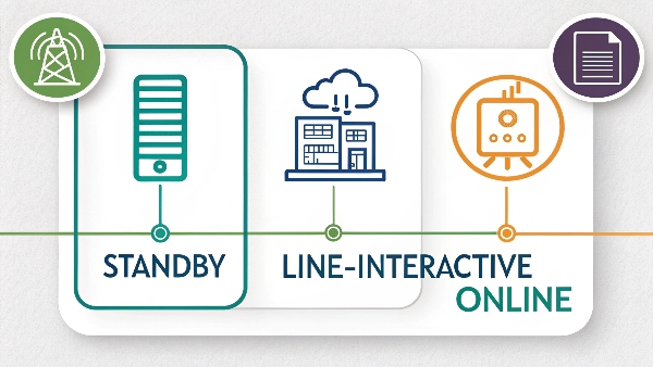 Diagram showing icons representing Standby, Line-Interactive, and Online UPS types