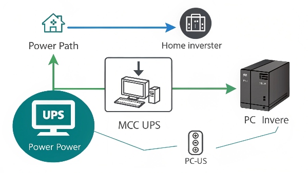 Diagram showing mains power, then an inverter, then a UPS, then the PC, highlighting the UPS's role