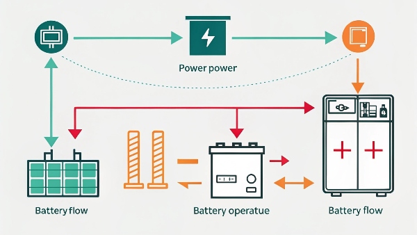 Diagram showing UPS working principle: mains power to battery charging and load, then battery to load during outage