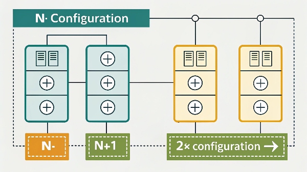 Diagrams illustrating N, N+1, and 2N UPS configurations