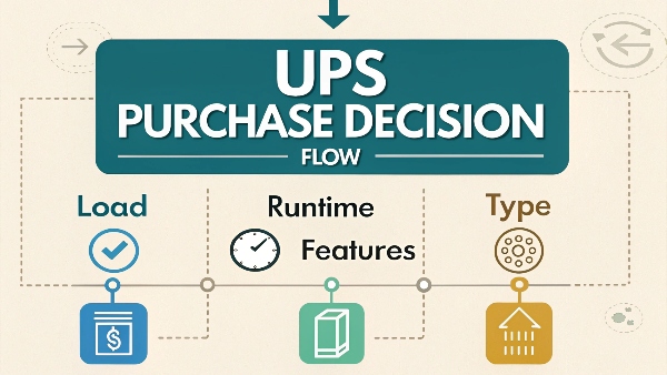 Flowchart showing decision points for buying a UPS: Load -> Runtime -> Type -> Features