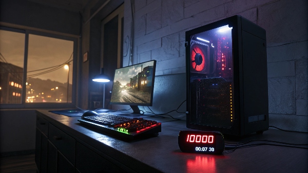 Gaming PC setup glowing, connected to a sleek UPS unit