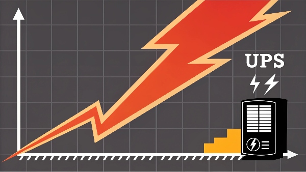 Graphic showing a large power surge hitting a UPS, with a smaller surge passing through