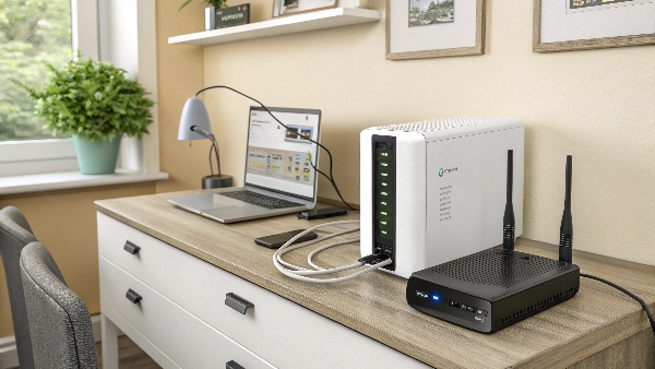 Home network setup with a UPS connected to modem and router
