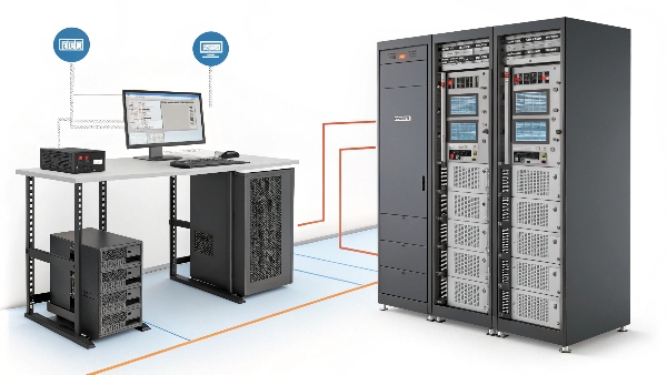 Illustration showing a simple desktop UPS setup and a more complex rack-mounted UPS system with external battery cabinets