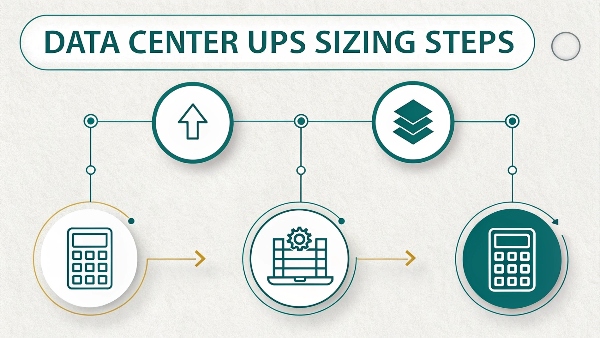 Infographic showing steps to size a data center UPS: calculate load, add growth, determine redundancy, set runtime