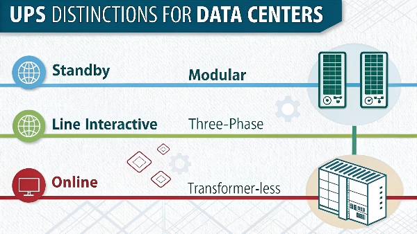 Infographic showing the 3 core UPS types plus icons for modular, three-phase, and transformer-less designs
