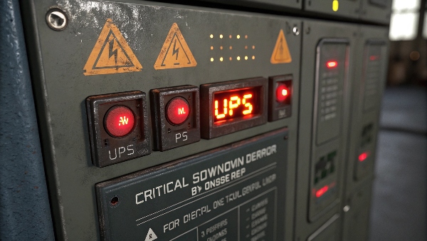 UPS panel showing error lights and immediate shutdown
