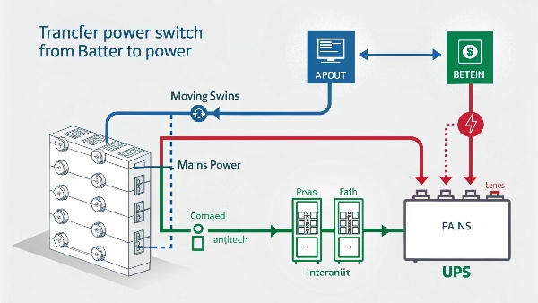 Internal diagram of a UPS showing transfer switch moving from mains to battery power