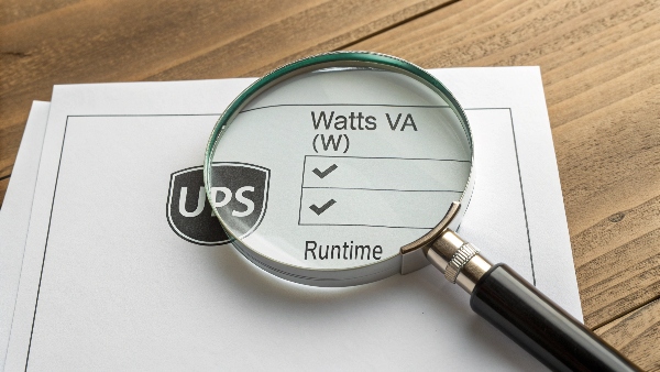 Magnifying glass hovering over UPS specifications like Watts, VA, Runtime, Waveform