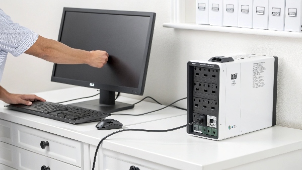 Person correctly plugging a computer and monitor into UPS battery-backed outlets
