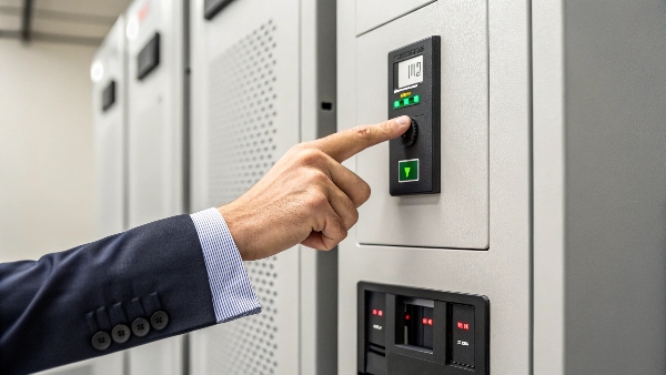 Person pressing power button on UPS in an area with no active wall sockets