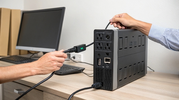 Person safely plugging a computer into a UPS unit