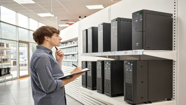 Person thoughtfully comparing different UPS models in a store or online