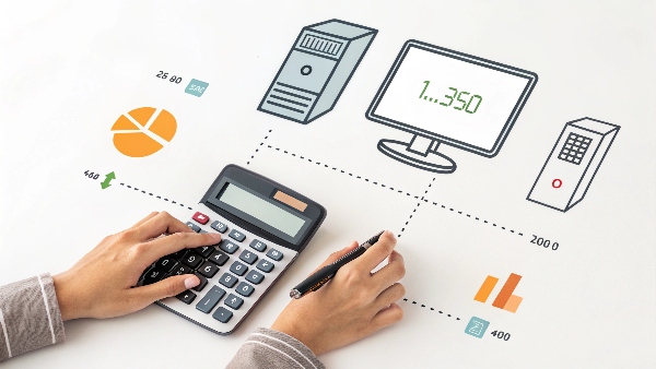 Person using a calculator with computer and monitor icons nearby, symbolizing UPS sizing