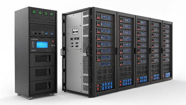 Server rack with different types of PDUs mounted vertically, connected to servers