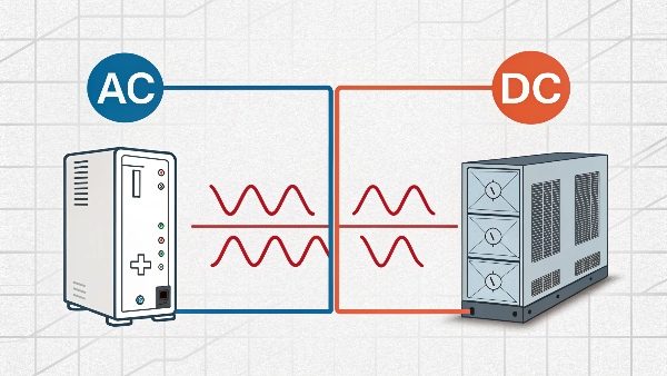 Side-by-side comparison: AC waveform next to an AC UPS, DC waveform next to a DC UPS