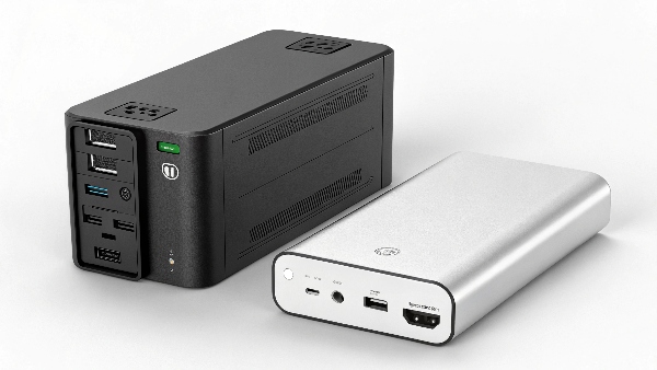 Side-by-side image: a small power bank next to a larger UPS unit
