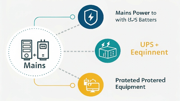 Simplified diagram showing mains power, UPS with battery, and protected equipment