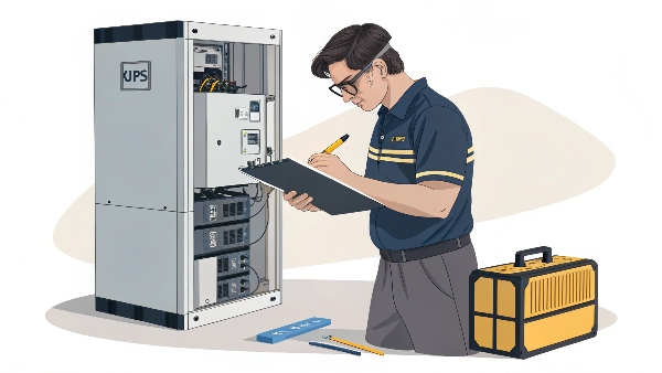 Technician inspecting a UPS unit