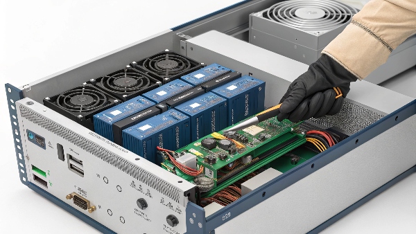 Technician pointing to internal components of an open UPS