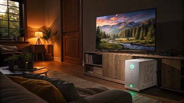TV connected to a UPS during a power outage, still displaying an image