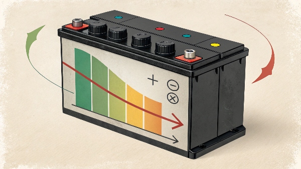 UPS battery with a slow arrow indicating gradual charge loss over time