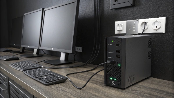 UPS unit plugged in and turned on, with connected devices powered off