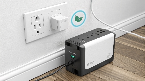 UPS unit plugged into a wall socket with a subtle energy icon