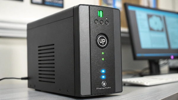 UPS unit turned on, with its power button illuminated