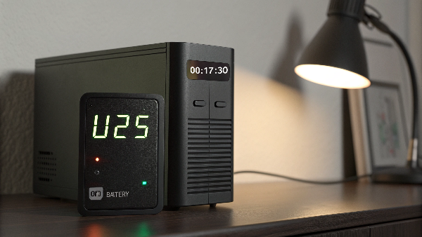 UPS unit with a clock next to it, indicating time passing during an outage