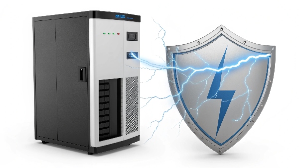 UPS unit with a shield icon repelling a lightning bolt (surge)