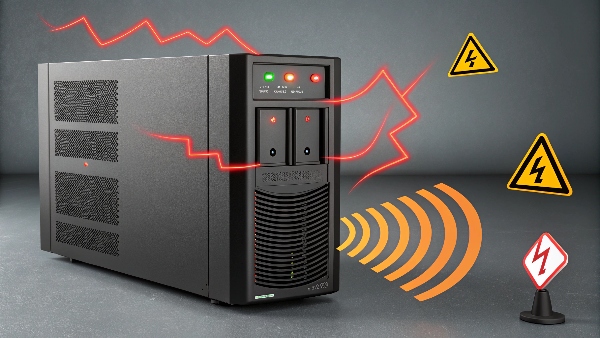 UPS unit with alert symbols and sound waves indicating continuous beeping