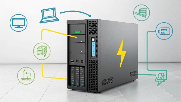 UPS unit with an arrow showing power flowing from an internal battery to connected devices