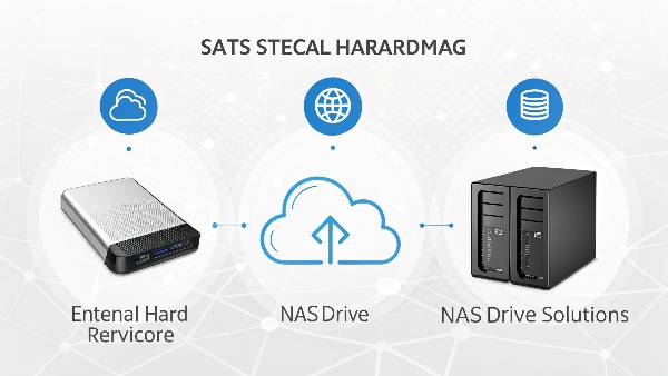 Various icons representing different data backup methods: an external hard drive, a cloud symbol, and a NAS server device
