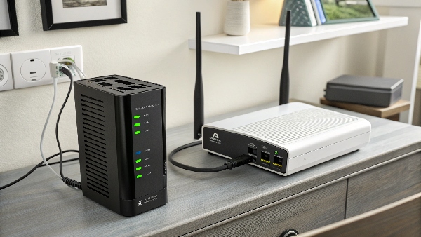 WiFi router and modem plugged into a small UPS unit during a power outage