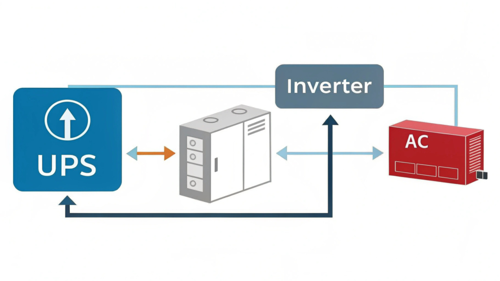 A simplified diagram showing DC battery power entering an 'Inverter' block within a UPS, and AC power exiting to an appliance