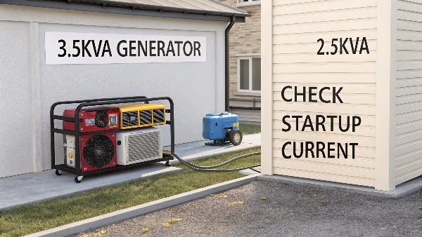 A 3.5kVA generator connected to a 2.5kVA window air conditioner unit, with a 