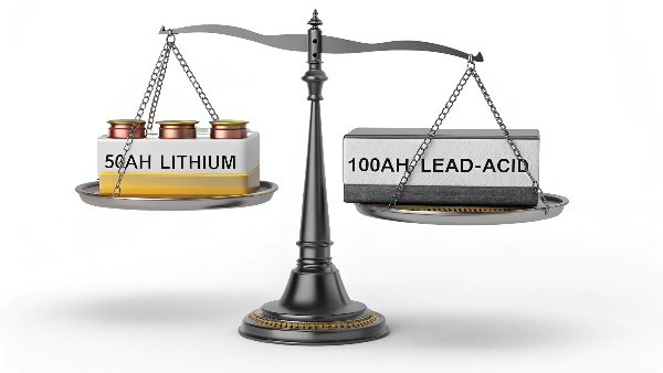 A balance scale with a small 50Ah lithium battery on one side outweighing a large 100Ah lead-acid battery on the other, symbolizing value