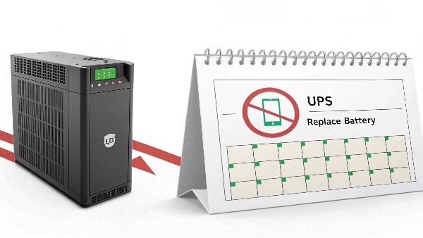 A calendar page showing a 3-year mark for lead-acid battery replacement, and a UPS unit with a battery replacement indicator lit up