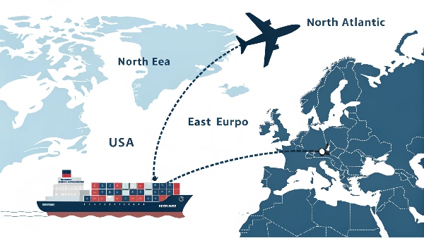 A cargo ship and a cargo plane with arrows indicating shipping routes between the USA and Europe