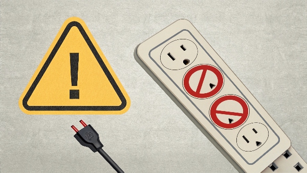 A 'Caution' sign next to an image of a power strip plugged into a UPS outlet