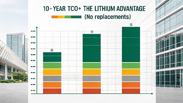 A chart showing the 10-year TCO of a lithium UPS being significantly lower than a lead-acid UPS due to no replacement costs