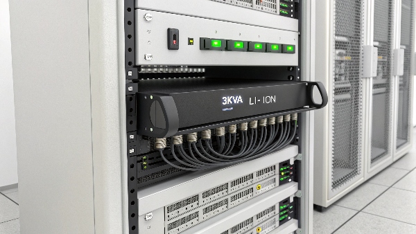 A clean, organized server rack with a 2U Li-ion UPS neatly installed below a server