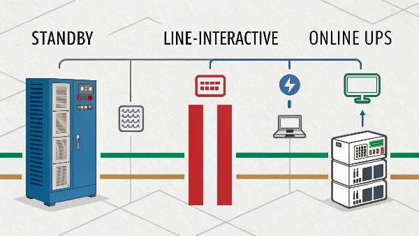 A clear, comparative diagram showing the power flow for Standby, Line-Interactive, and Online UPS types during normal operation and during a power outage.