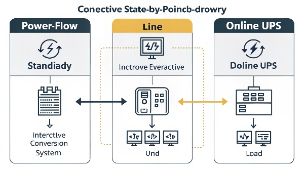 A clear diagram illustrating the power flow and components of Standby, Line-Interactive, and Online Double-Conversion UPS types.