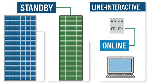 A clear diagram showing the power flow for Standby, Line-interactive, and Online UPS types