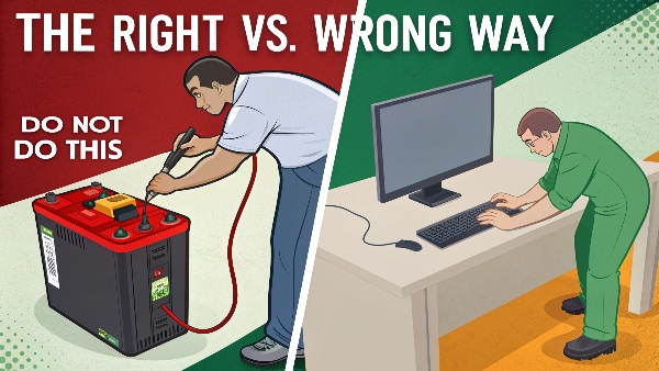 A clear 'Do Not Do This' image of someone trying to wire a car battery to a computer, next to a 'Do This' image of a computer plugged into a UPS