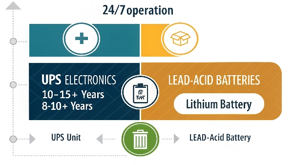 A clear timeline graphic illustrating the different lifespans: UPS electronics (10-15+ years), lead-acid batteries (3-5 years), and lithium-ion batteries (8-10+ years), reinforcing the 24/7 operation context